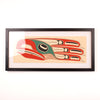 Framed fine artwork of a stylized bird with red, green, and black colors on a beige background by Haida Artist Robert Davidson