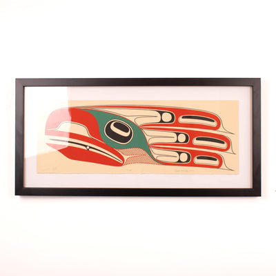 Framed fine artwork of a stylized bird with red, green, and black colors on a beige background by Haida Artist Robert Davidson