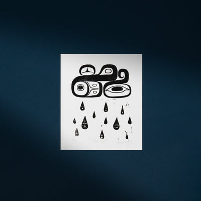 Black and white abstract Haida design on a white art print  against a dark blue background