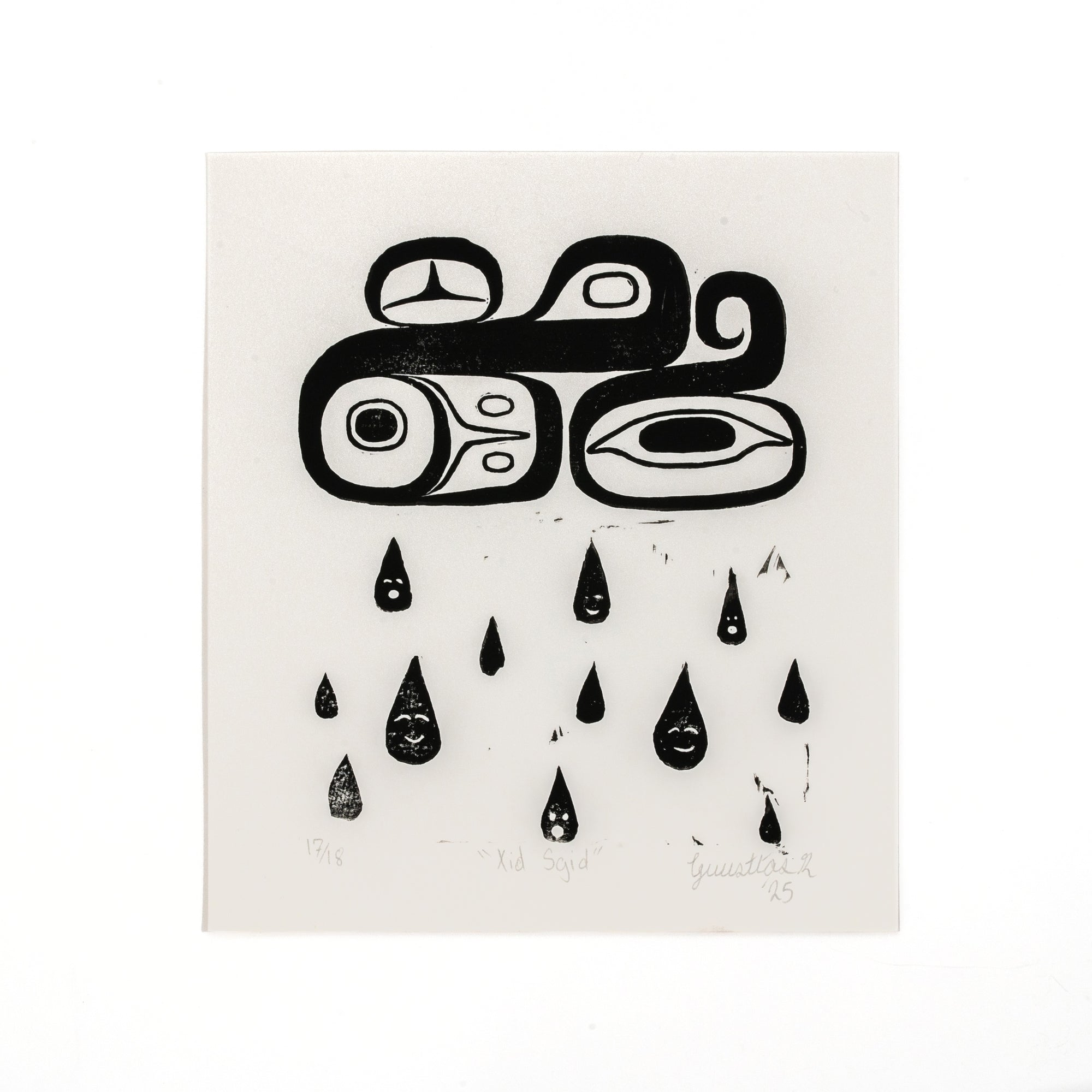 Black and white abstract Haida art print of a formline storm cloud and raindrops on a light gray background