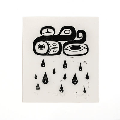 Black and white abstract Haida art print of a formline storm cloud and raindrops on a light gray background
