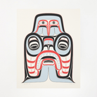 An unframed Haida Art serigraph fine art print featuring a supernatural being, Dogfish Mother, with bold red and black, and soft blue hues against a white background. 