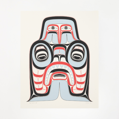Haida Art print featuring supernatural being Dogfish mother. with bold red and black, and soft blue hues to show contrast,