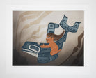 fine art print a moment to vanish created by local haida artist Shoshannah Greene featuring a gilr riding a formline killer whale through a kelp bed on a white background