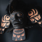 Close-up of a decorative mask with face, two eyes, a nose, and a mouth.