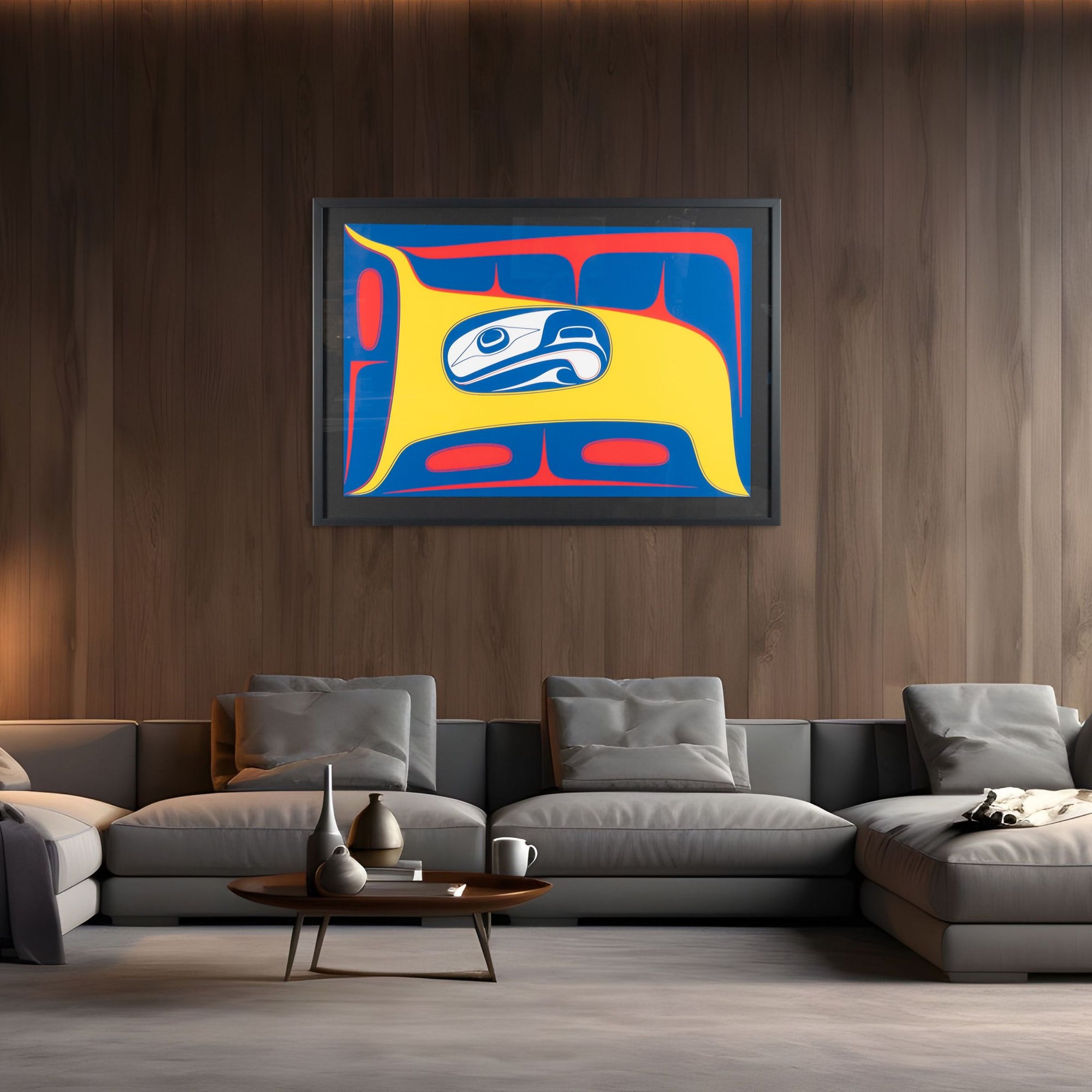 Living room with a gray sofa, coffee table, and abstract Framed fine artwork with a stylized formline design featuring a blue and white abstract eagle figure with yellow and red background by renowned haida artist Robert Davidson on a wooden wall.