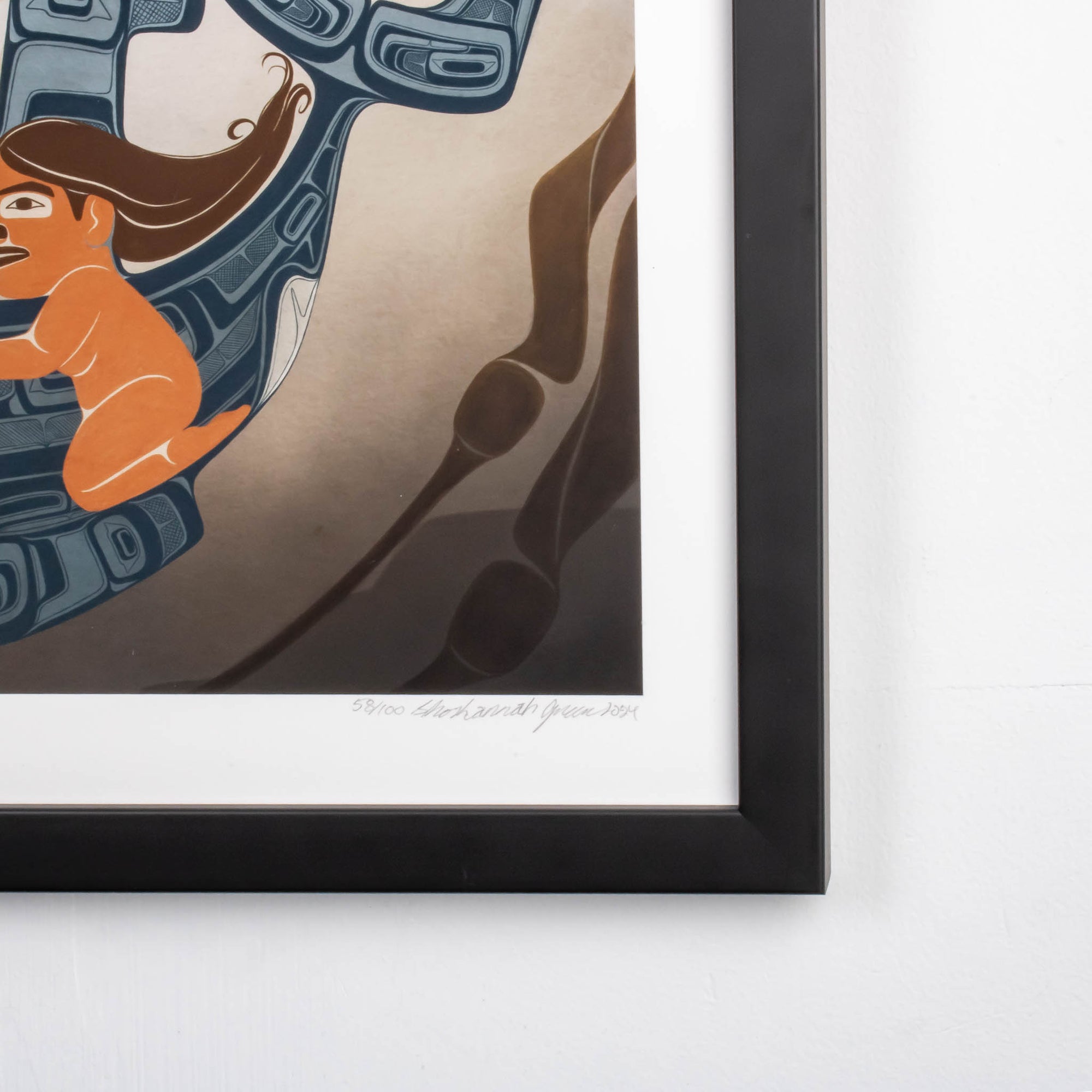 A moment to Vanish Chapter one. the first in a series and a gallery exclusive it features a women rinding through a kelp bed on an killer whale. In soft blues and browns: Framed in a black frame with conservation glass