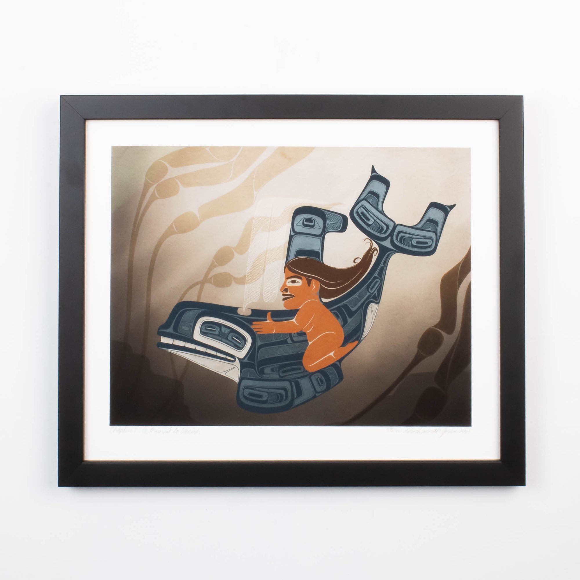 A moment to Vanish Chapter one. the first in a series and a gallery exclusive it features a women rinding through a kelp bed on an killer whale. In soft blues and browns: Framed in a black frame with conservation glass