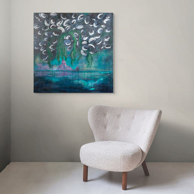 danielle louise allard's barnacles dark blue and green painting on a white wall by a white chair