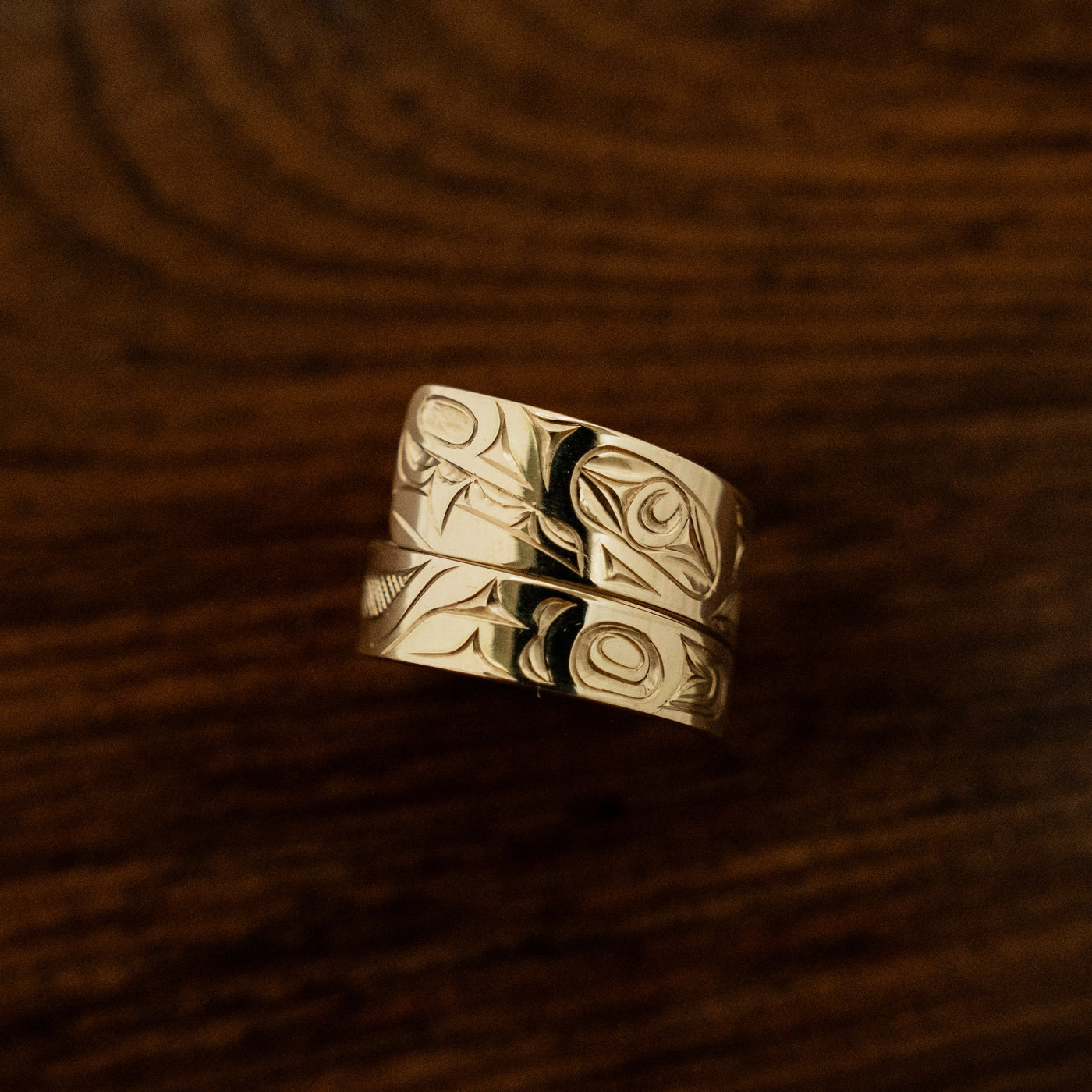 Wide 14K Gold Wolf Wrap Ring by James Sawyer (Haida)