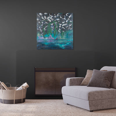 Living room with a gray sofa, decorative pillows, a woven basket, and a dark wall with a Abstract Original Painting of Gwaii Haanas, Haida Gwaii by Haida Artist. Danielle Louise Allard.