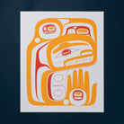 'Hand it in on Time' Haida Art Print by Guustl'as Rorick a orange and red print featuring a human and mouse woman in Haida formline art on a blue background. 
