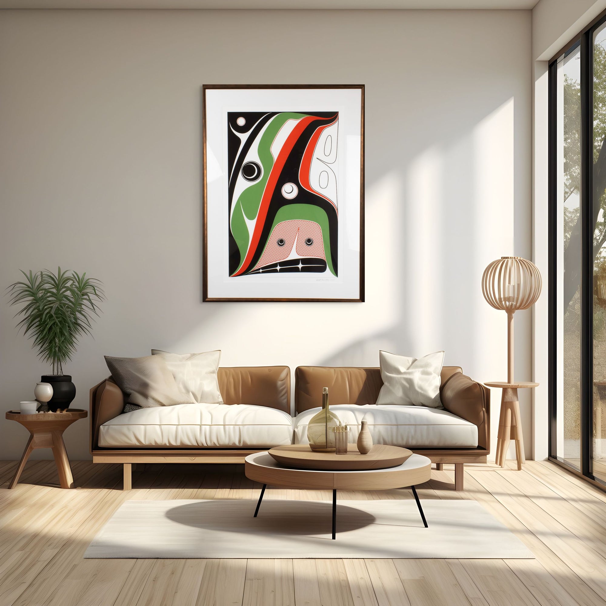 Modern living room with a brown sofa, coffee table, and abstract haida art on the wall.