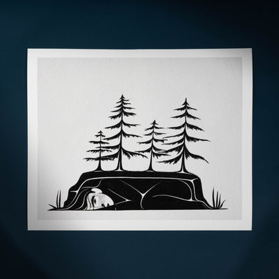 Art print with Black silhouette of a woman with trees growing from her on a white background by Haida Artist Shoshannah Greene