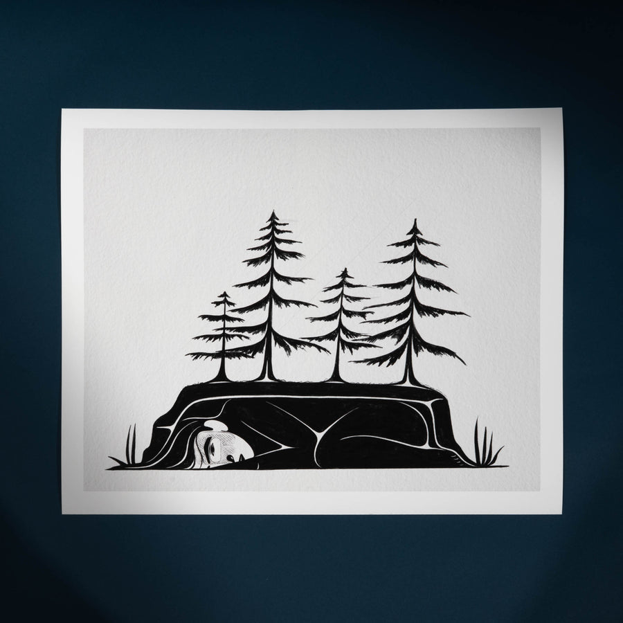 Art print with Black silhouette of a woman with trees growing from her on a white background by Haida Artist Shoshannah Greene