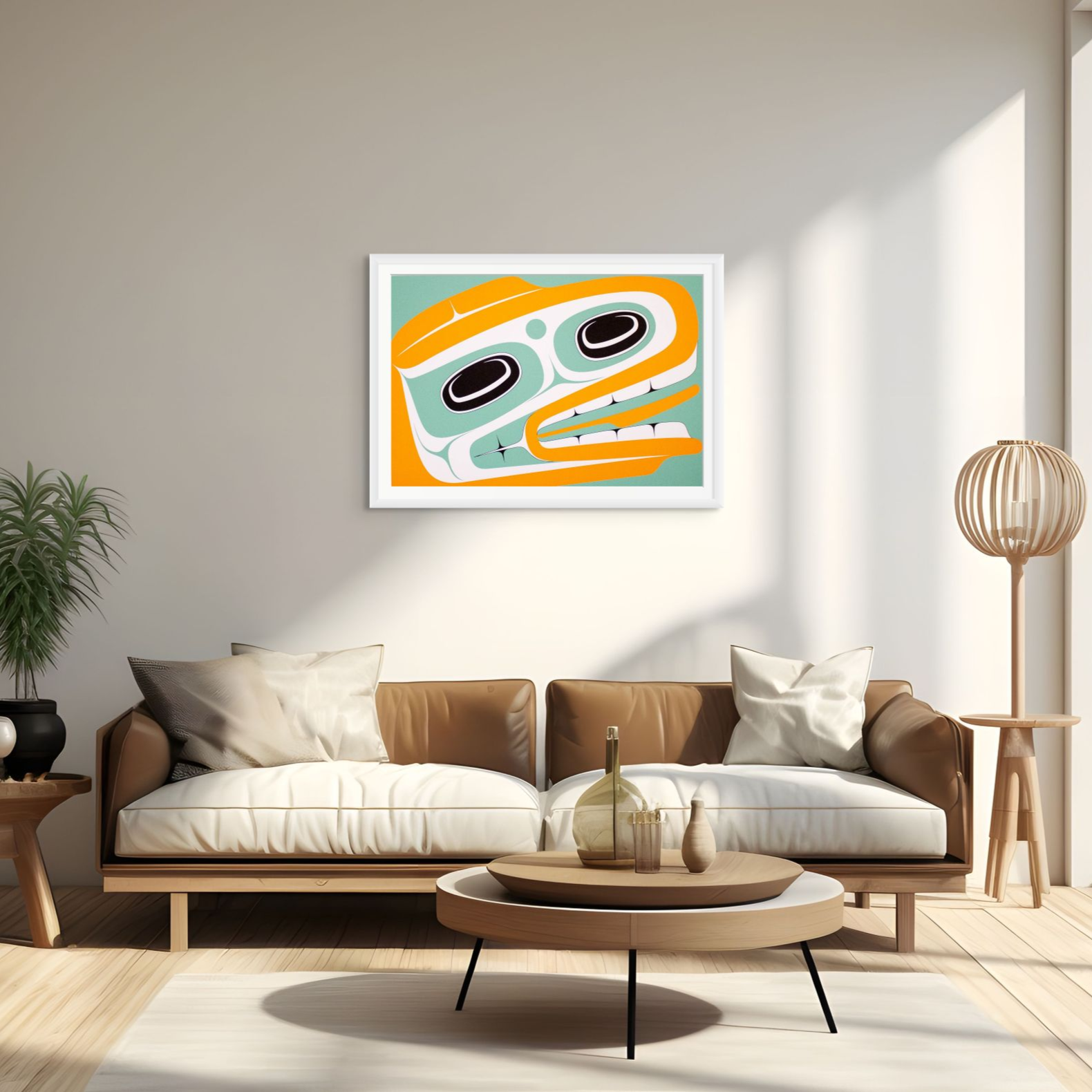 Modern living room with a brown sofa, round coffee table, and abstract art on the wall.