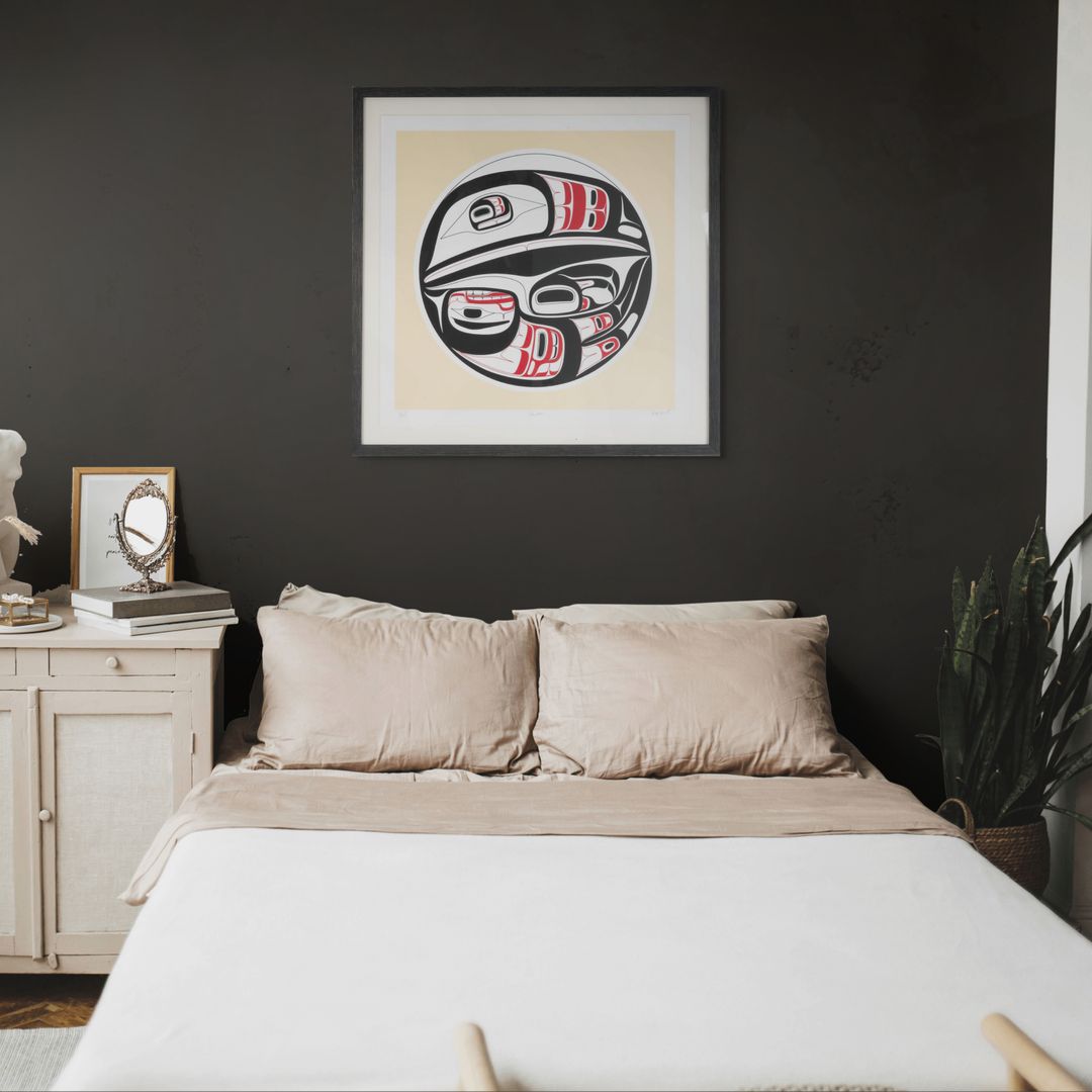 Reg Davidson Raven and the Moon in a modern bedroom.