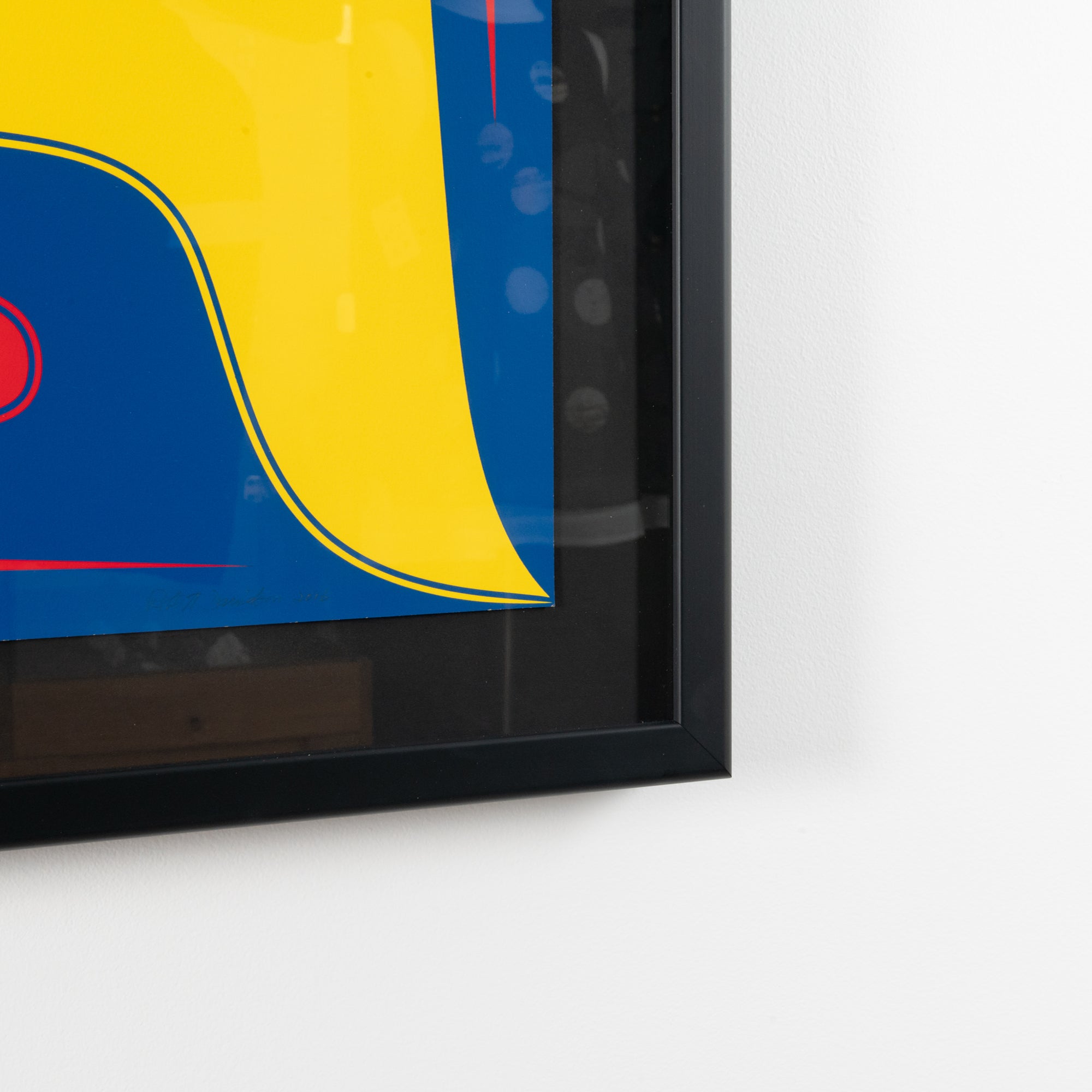 Photo showcasing the framed corner of abstract fine art print Bird in the Air by Renowned Haida Artist Robert Davidson