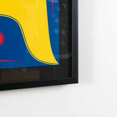 Photo showcasing the framed corner of abstract fine art print Bird in the Air by Renowned Haida Artist Robert Davidson