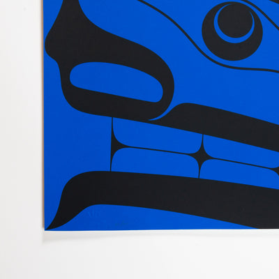 Abstract formline design with black and blue shapes showcasing supernatural beings on a white background