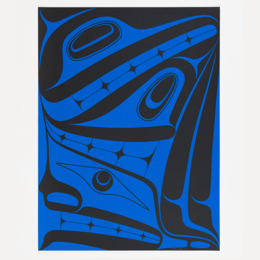 Robert davidson large and rare  haida art print shadows. Showcasing supernatural beings in the shadows in blue and black on a white back ground 