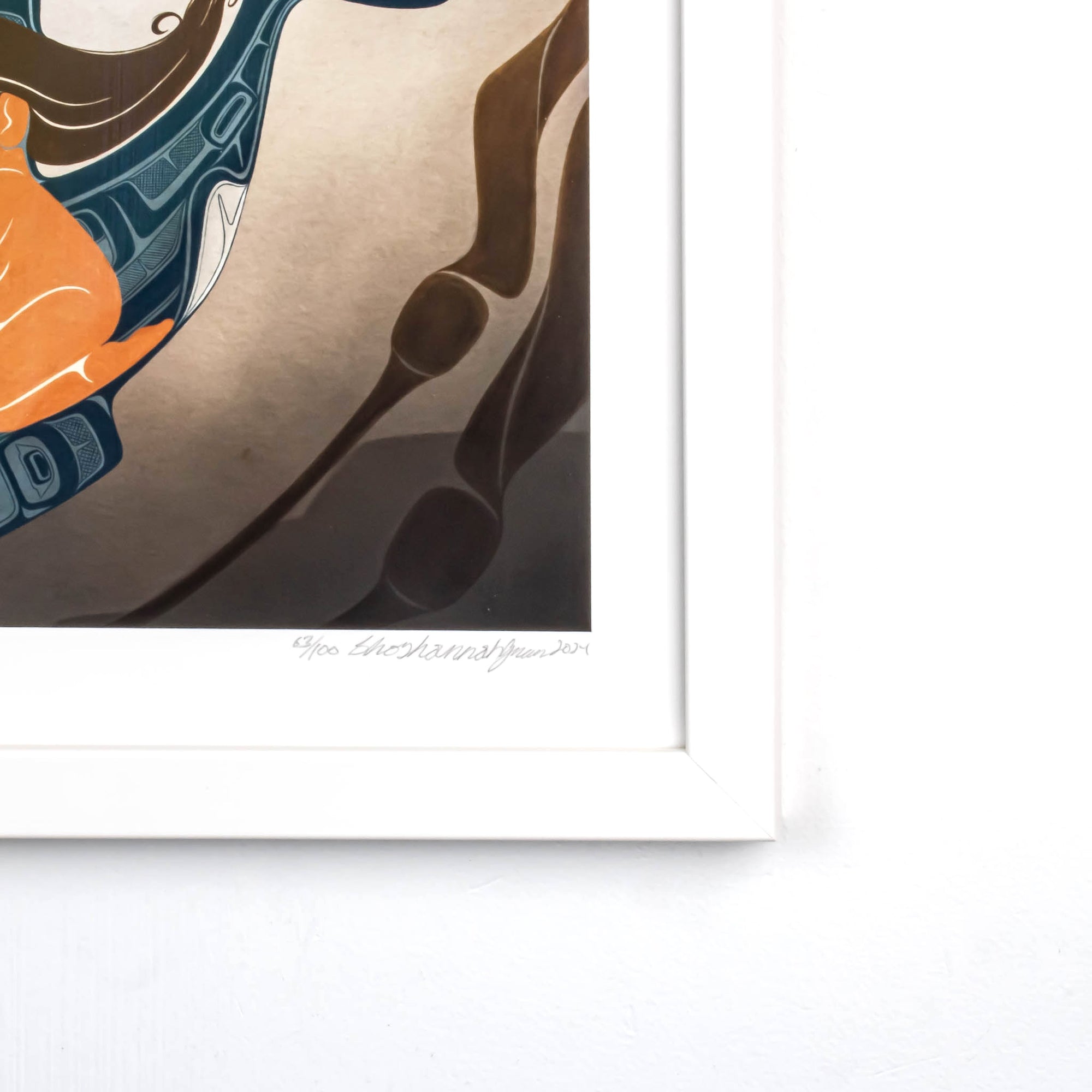 A moment to Vanish Chapter one. the first in a series and a gallery exclusive it features a women rinding through a kelp bed on an killer whale. In soft blues and browns: Framed in a white frame with conservation glass