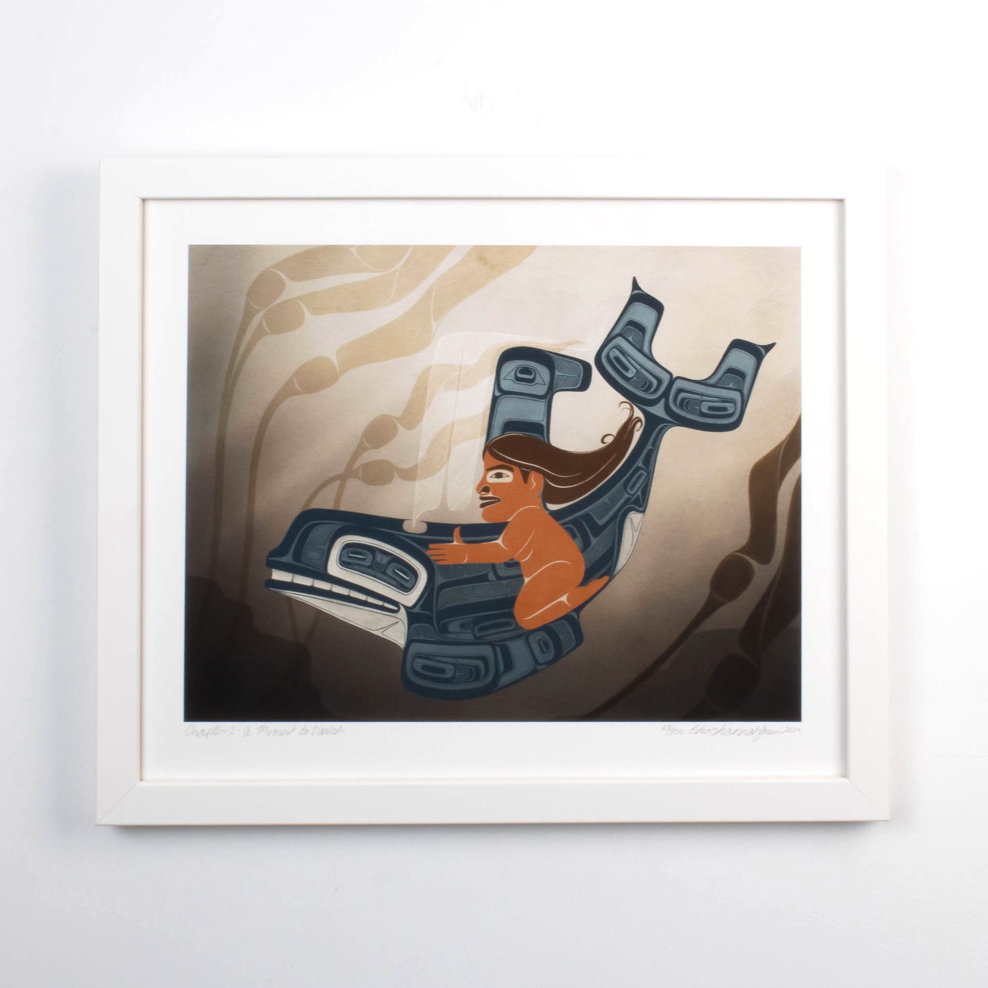 A moment to Vanish Chapter one. the first in a series and a gallery exclusive it features a women rinding through a kelp bed on an killer whale. In soft blues and browns: Framed in a white frame with conservation glass
