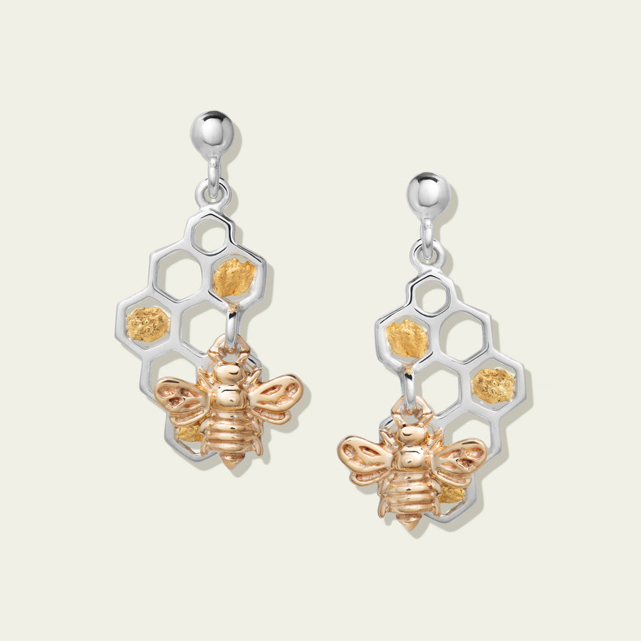 22k Canadian Gold Nugget Bee Hive Honeycomb Earrings