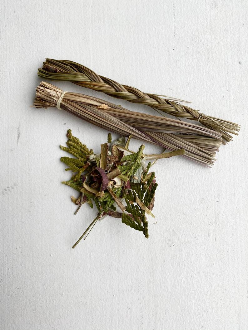 This Canadian smudge kit mix includes Sage, Sweetgrass, Cedar & Kinnikinnik healing herbs incense stick ceremony & is picked by Indigenous First Nations Aboriginal elders & is sold by Crystal Cabin.
