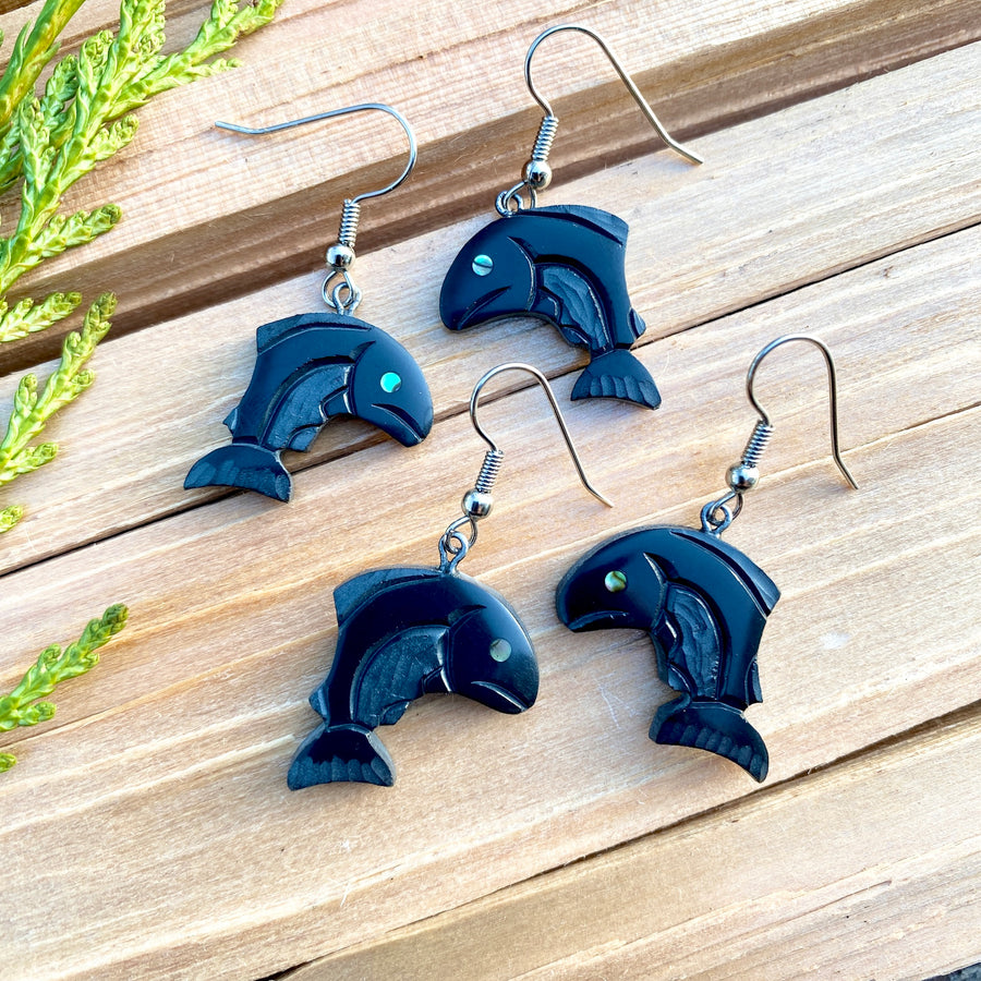 Argillite Salmon Earrings by Amy Edgars, Haida by Amy Edgars (Haida)