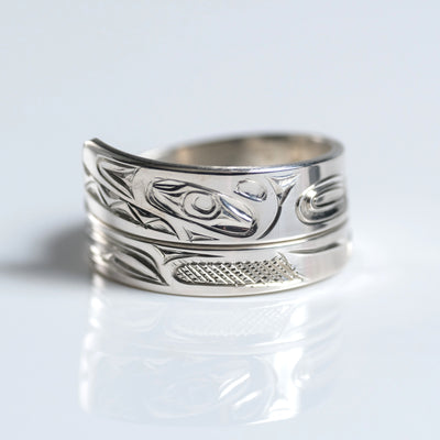 Sterling Silver Haida Killer Whale Orca Indigenous Canadian Hand Engraved Custom Wrap Ring by Haida artist James Sawyer sold by Crystal Cabin.