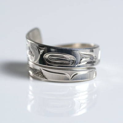 Sterling Silver Haida Killer Whale Orca Indigenous Canadian Hand Engraved Custom Wrap Ring by Haida artist James Sawyer sold by Crystal Cabin.