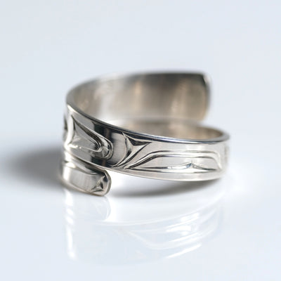 Sterling Silver Haida Killer Whale Orca Indigenous Canadian Hand Engraved Custom Wrap Ring by Haida artist James Sawyer sold by Crystal Cabin.