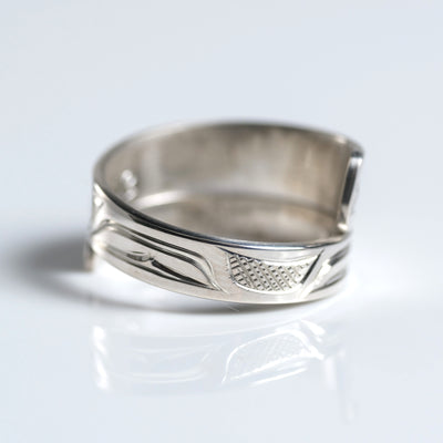 Sterling Silver Haida Killer Whale Orca Indigenous Canadian Hand Engraved Custom Wrap Ring by Haida artist James Sawyer sold by Crystal Cabin.