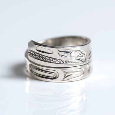 Sterling Silver Haida Raven Indigenous Canadian Hand Engraved Custom Wrap Ring by Haida artist James Sawyer sold by Crystal Cabin.