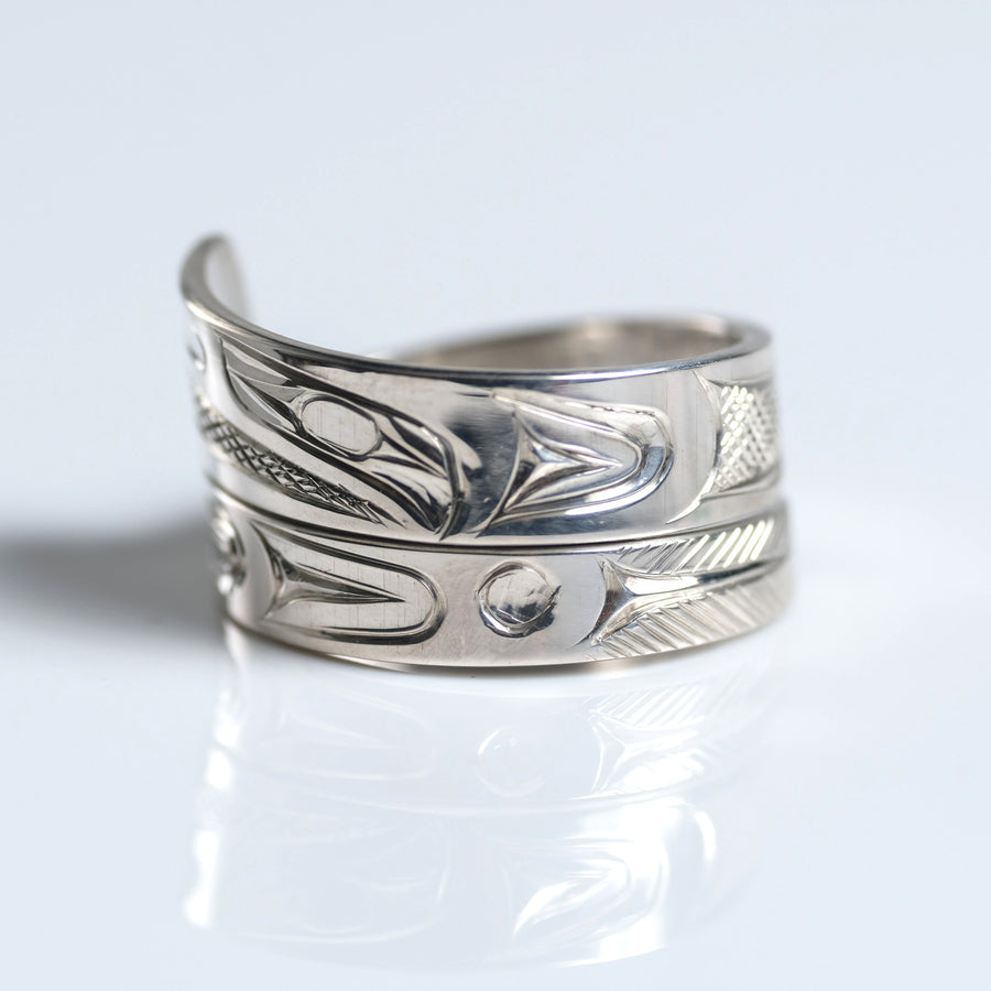 Sterling Silver Haida Raven Indigenous Canadian Hand Engraved Custom Wrap Ring by Haida artist James Sawyer sold by Crystal Cabin.