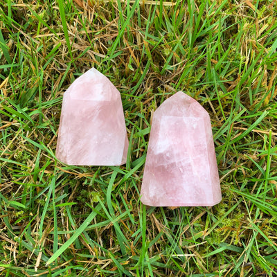 Tumbled rose quartz pyramids crystals healing metaphysical sold by Crystal Cabin.