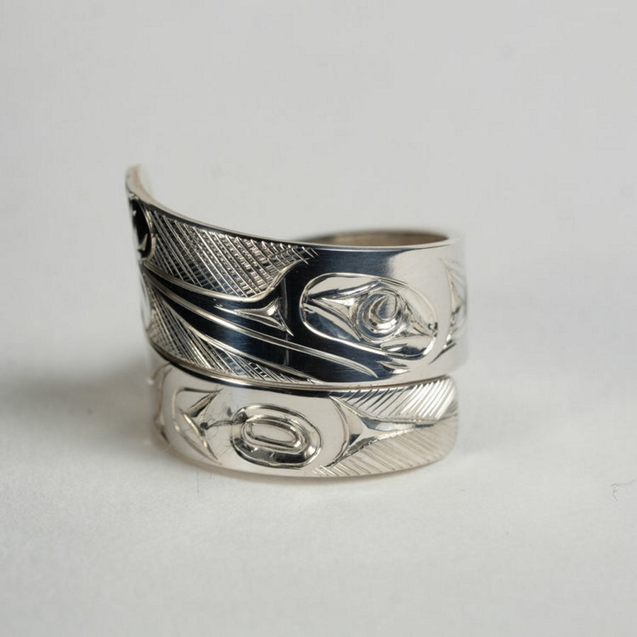 Wide Silver Hummingbird Wrap Ring by James Sawyer (Haida)
