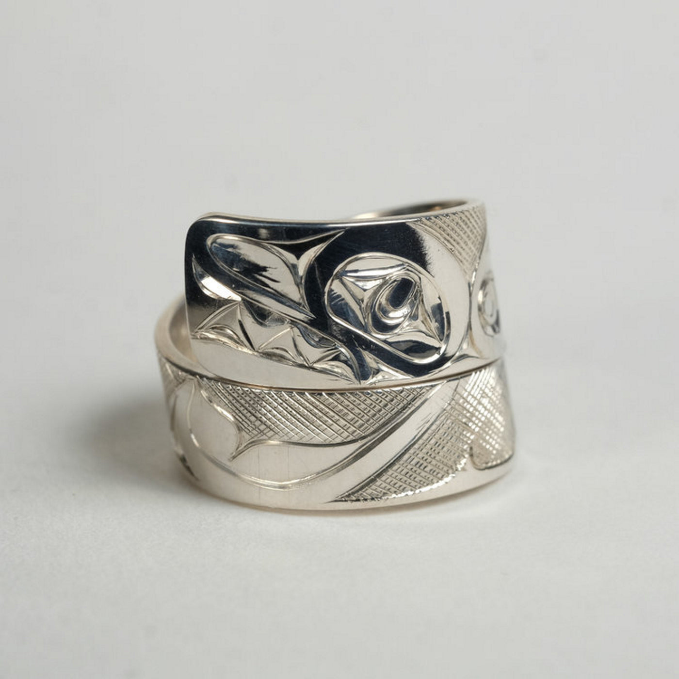 Wide Sterling Silver Killer Whale Orca Wrap Ring by James Sawyer (Haida)