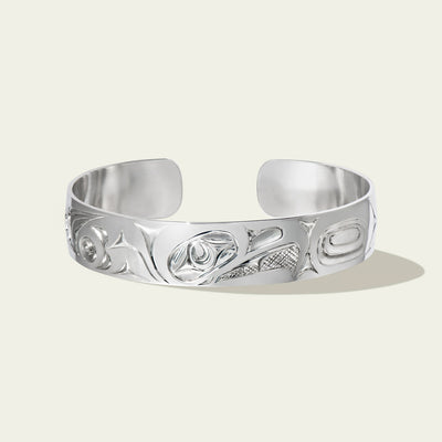 Sterling silver eagle bracelet by northwest coast Haida artist James Sawyer. Sold by Crystal Cabin Gallery on Haida Gwaii.